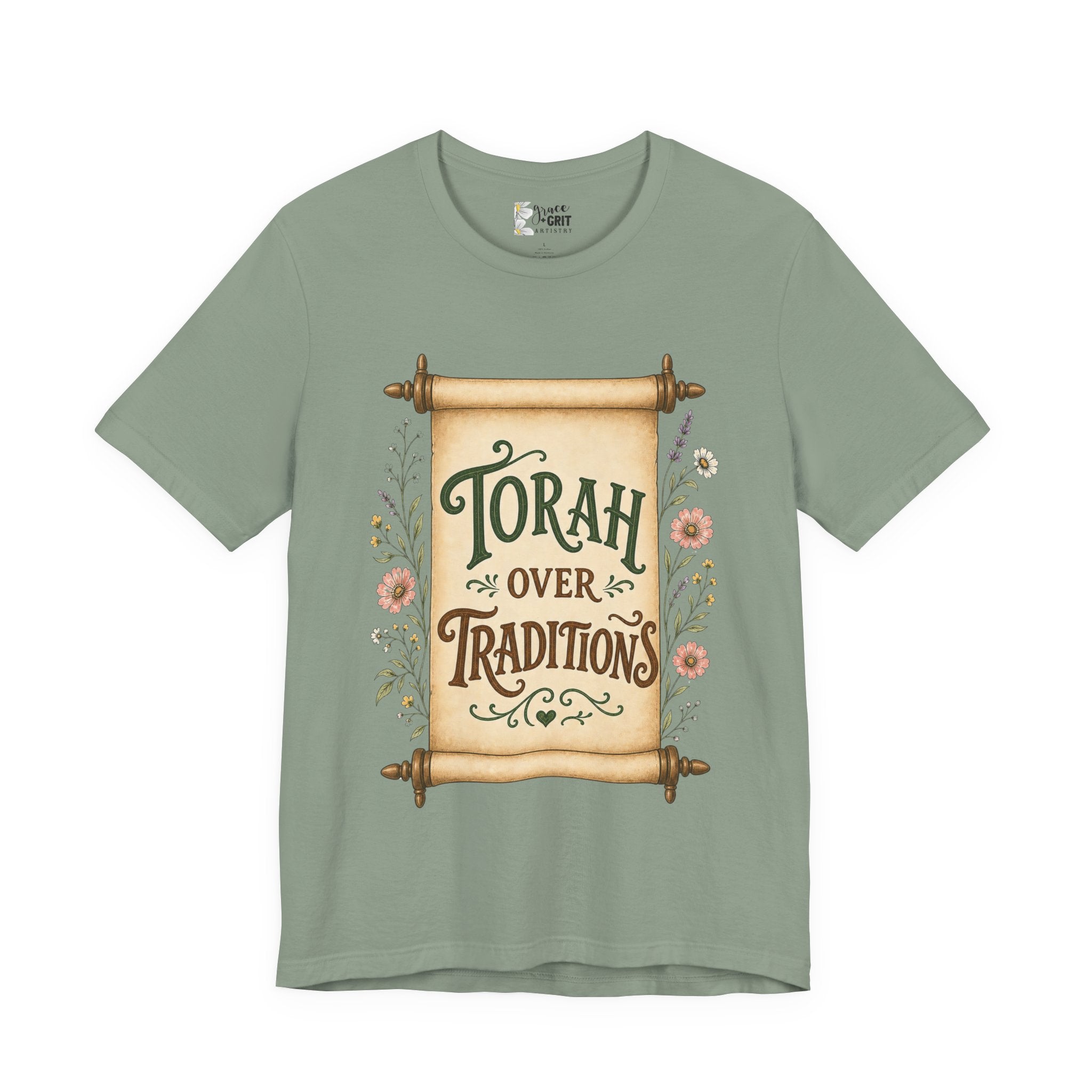 Torah Over Traditions T-Shirt — Vintage Scroll Floral Jewish Pride Tee