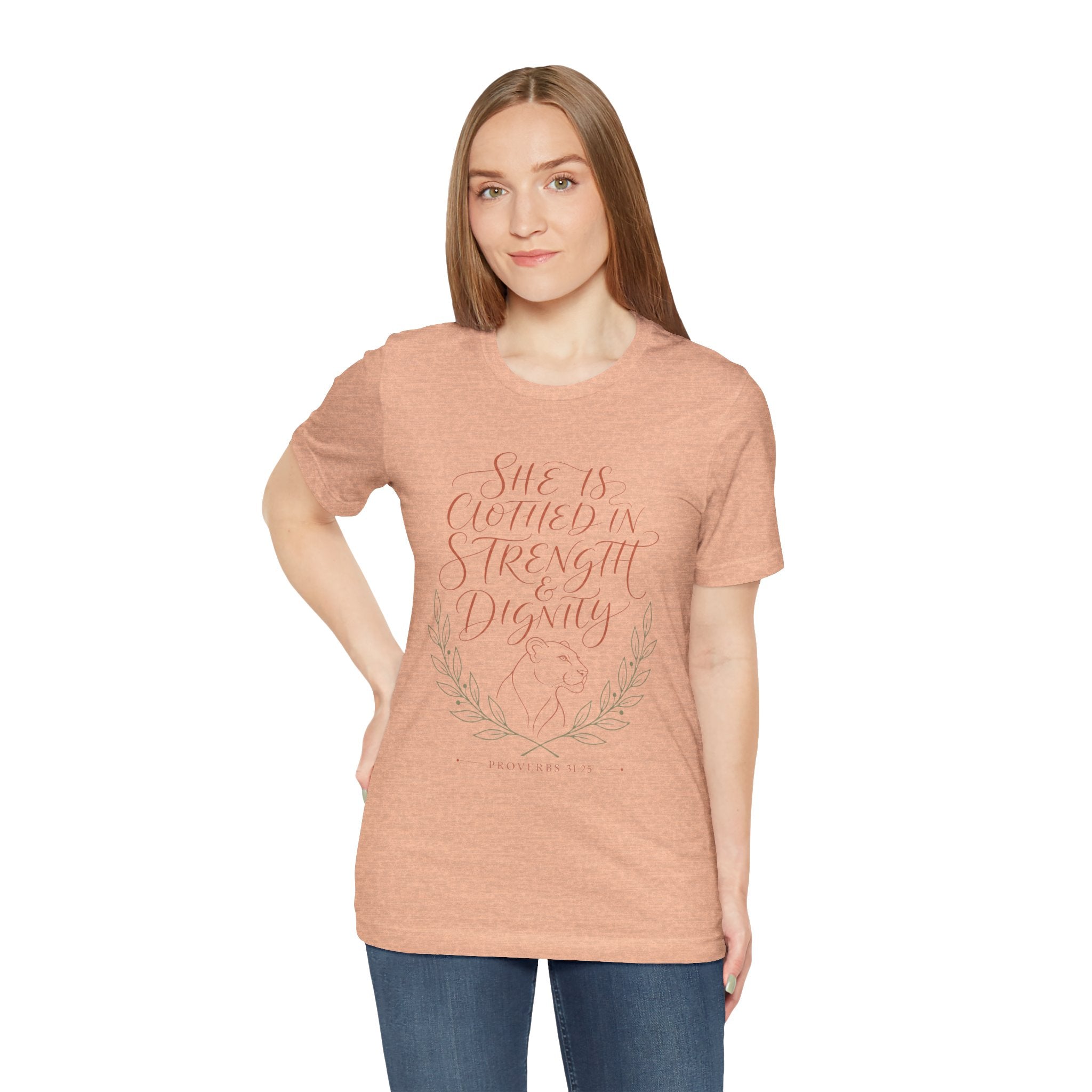 She Is Clothed in Strength & Dignity Tee — Inspirational Christian Women's Graphic T-Shirt