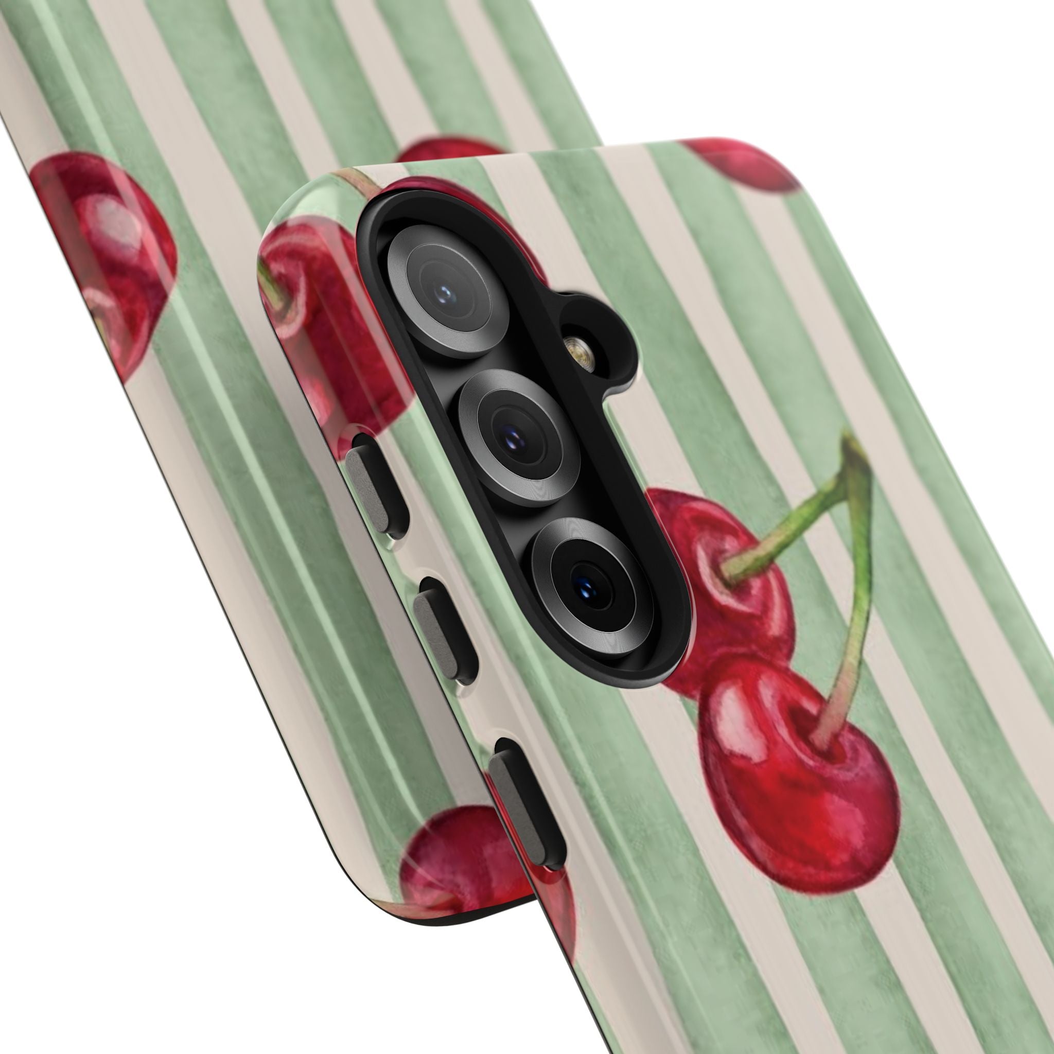 Cherry Stripe Tough Phone Case — Retro Watercolor Cherry Pattern Durable Phone Case