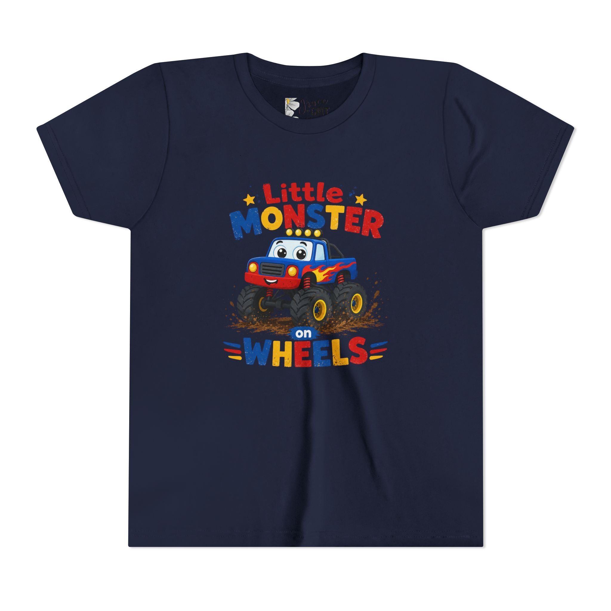 Kids Monster Truck Tee — "Little Monster on Wheels" Youth Short Sleeve Shirt