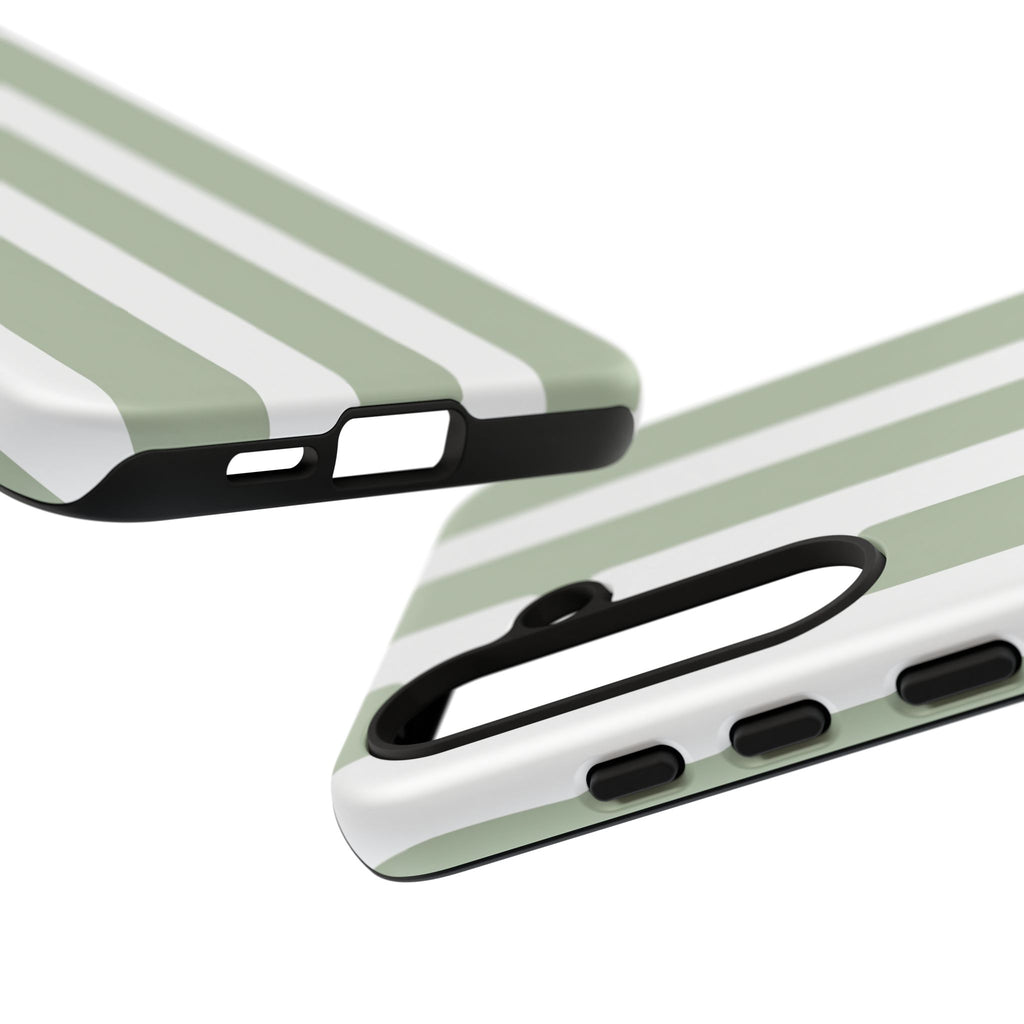 Striped Sage Tough Phone Case — Durable Green & White Vertical Stripe Phone Cover