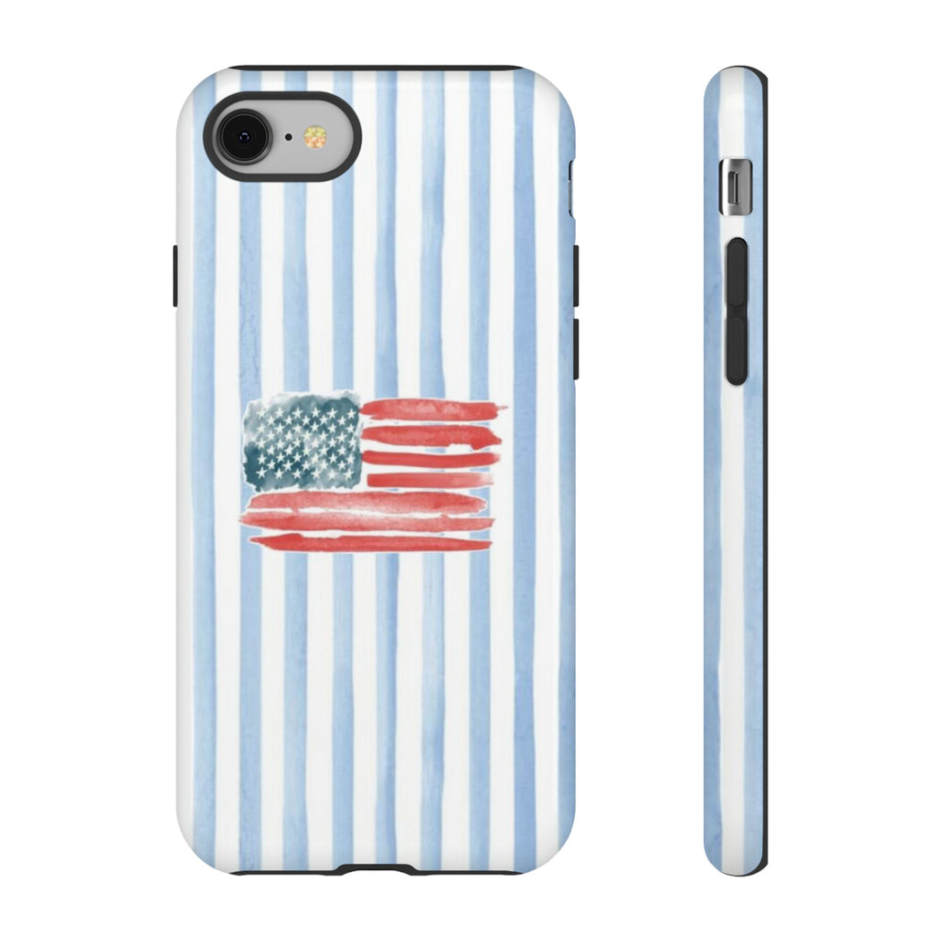 American Flag Watercolor Phone Case - Blue Stripe Tough Case
