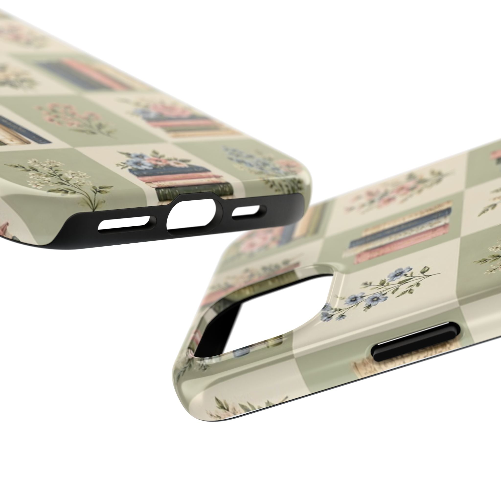 Floral Bookshelf Tough Phone Case — Vintage Floral & Stacked Books Pattern