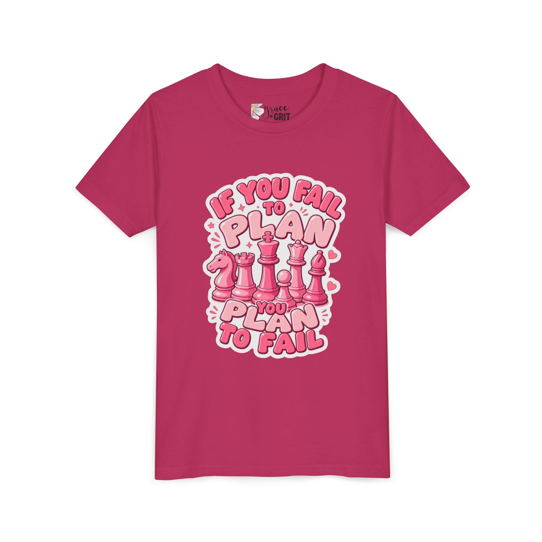 Youth Chess T‑Shirt — "If You Fail to Plan You Plan to Fail" Pink Chess Pieces Tee