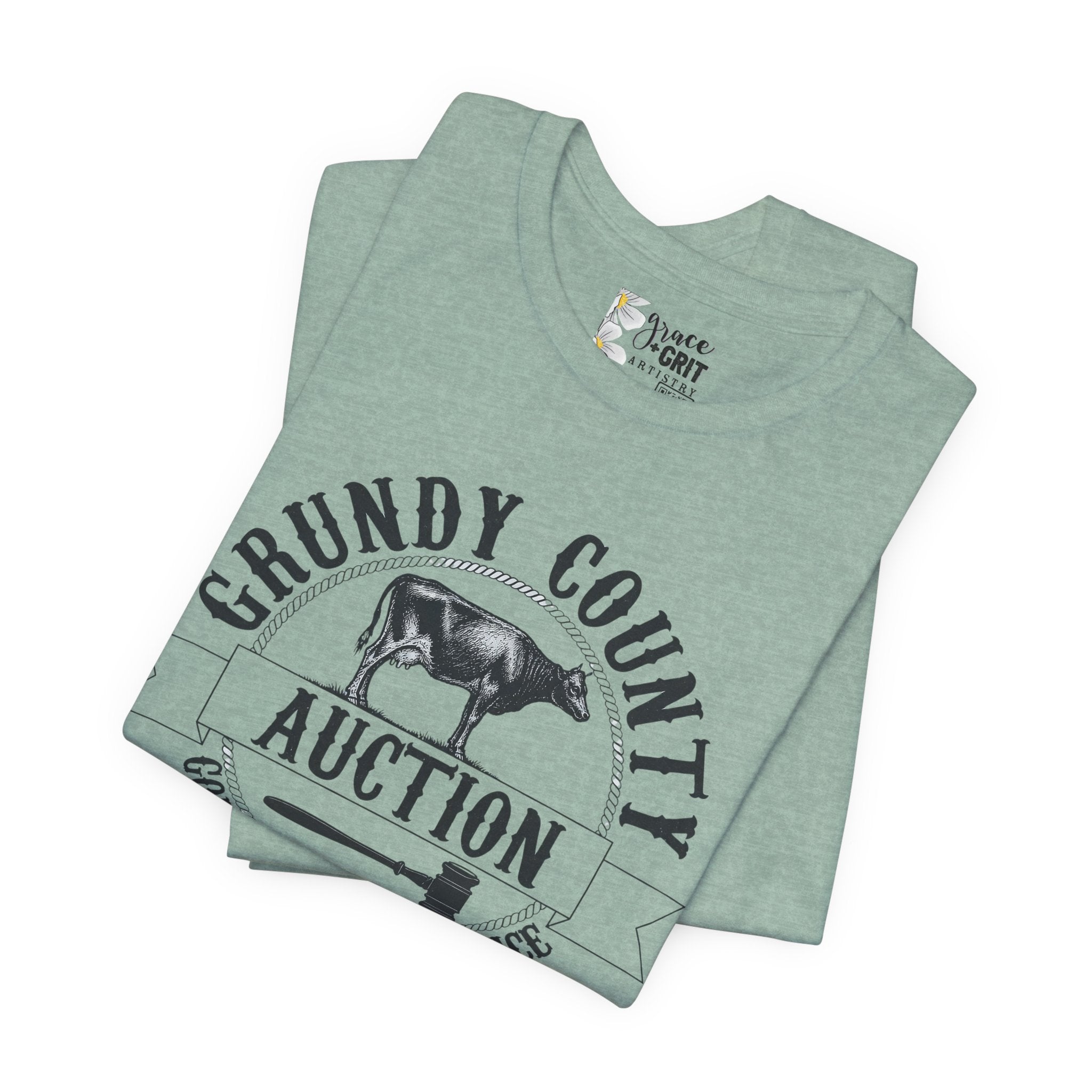 Grundy County Auction Tee — 'Going Once, Going Twice' Farm Livestock Graphic T‑Shirt