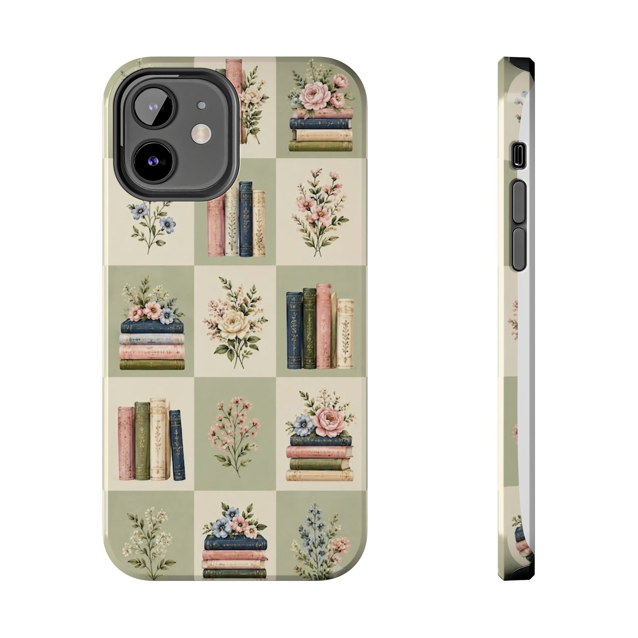 Floral Bookshelf Tough Phone Case — Vintage Floral & Stacked Books Pattern
