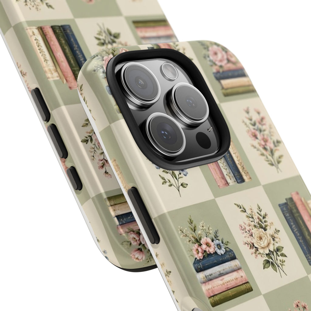 Floral Bookshelf Tough Phone Case — Vintage Floral & Stacked Books Pattern