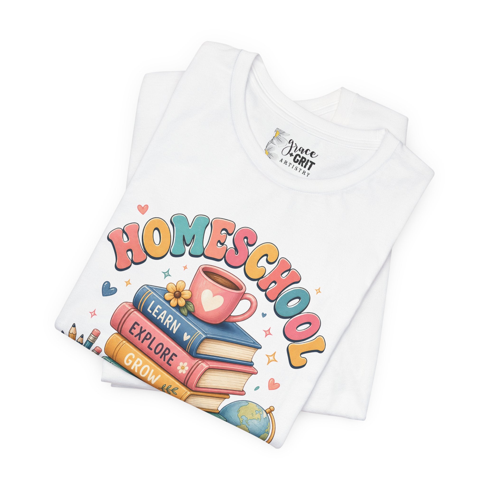 Homeschool Mama T-Shirt – Colorful Stacked Books Design