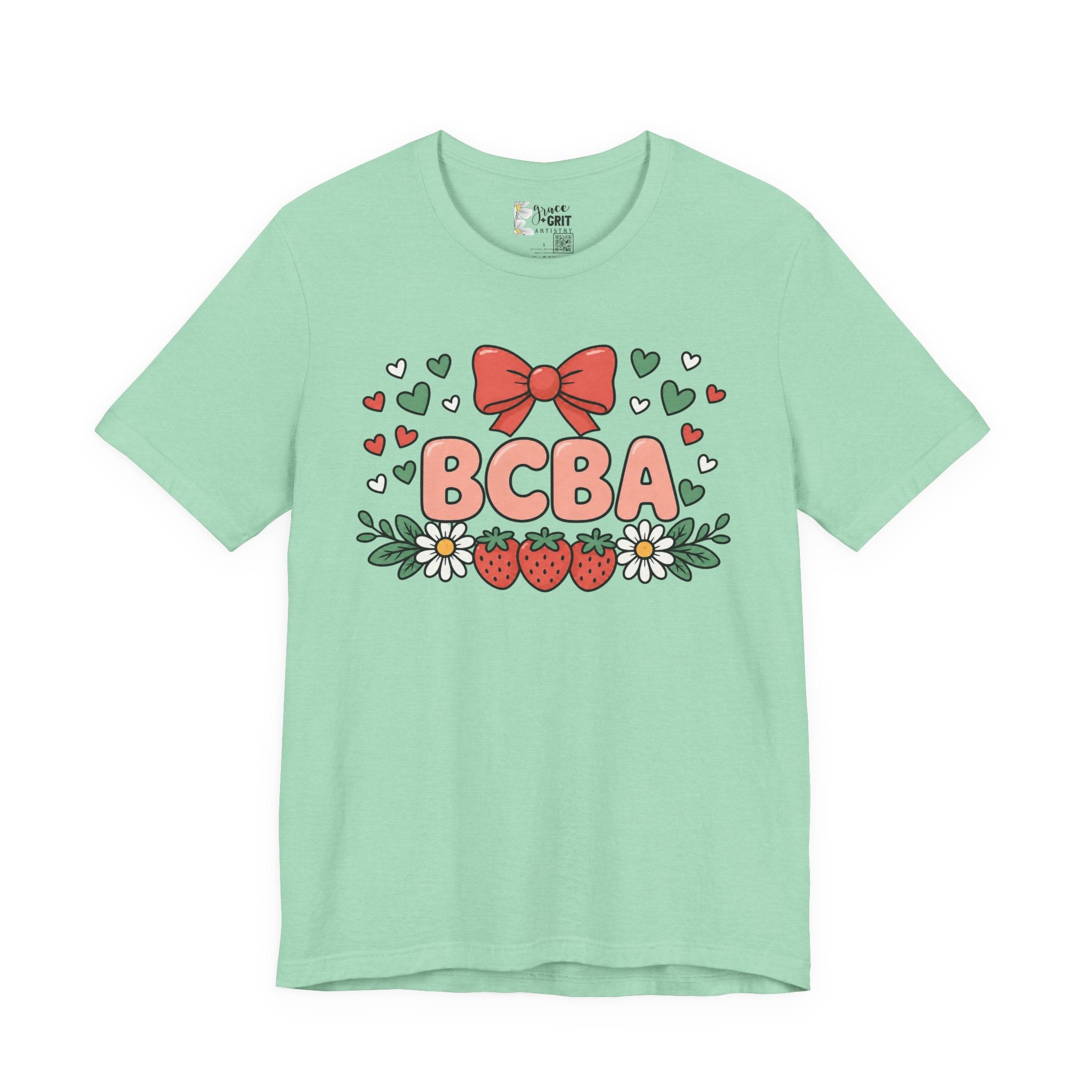 BCBA Strawberry Bow T-Shirt — Cute Floral ABA Therapist Gift