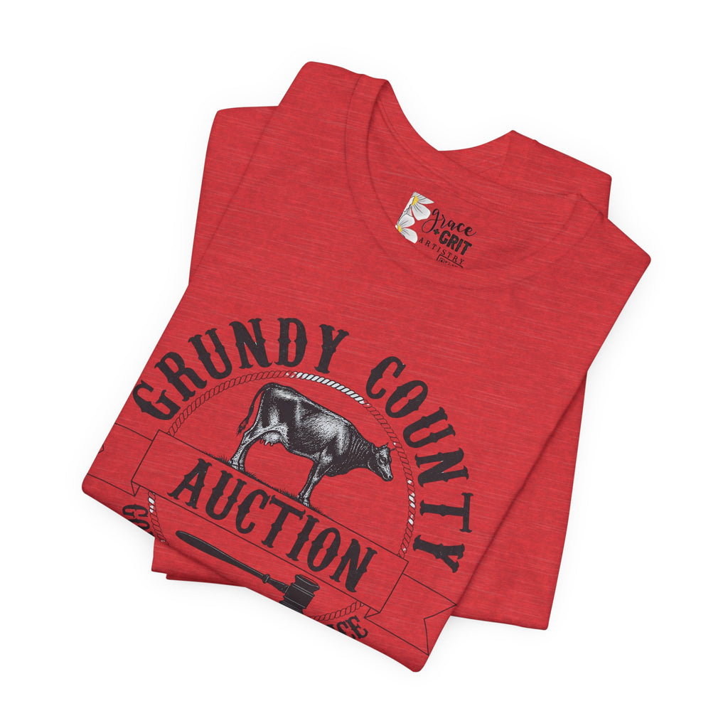 Grundy County Auction Tee — 'Going Once, Going Twice' Farm Livestock Graphic T‑Shirt