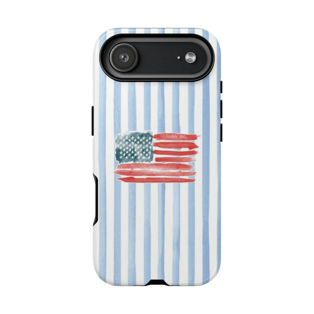 American Flag Watercolor Phone Case - Blue Stripe Tough Case