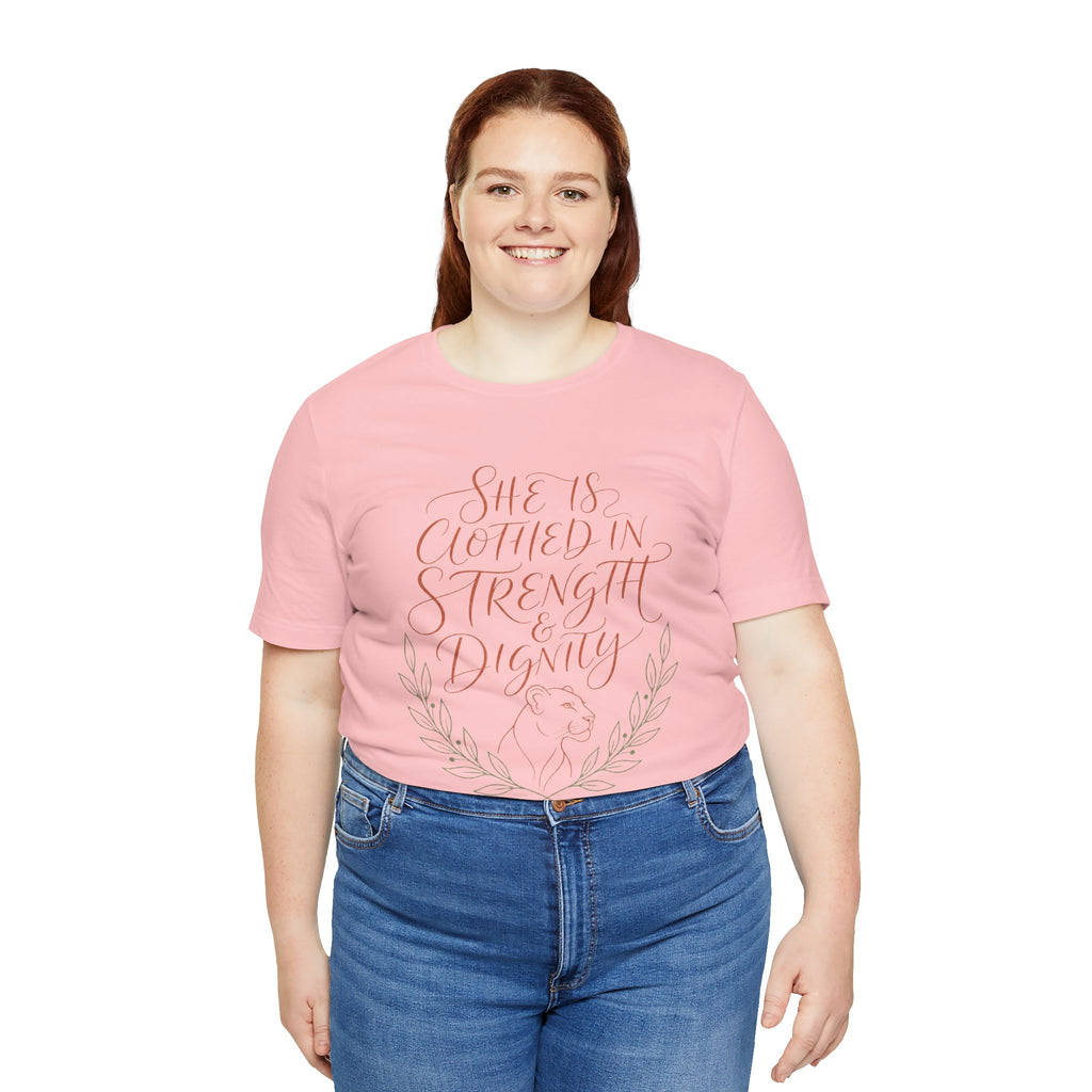 She Is Clothed in Strength & Dignity Tee — Inspirational Christian Women's Graphic T-Shirt