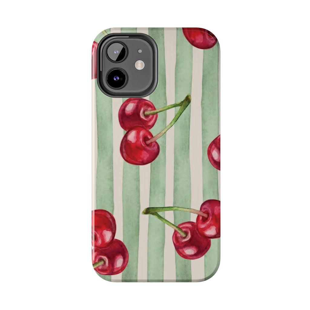 Cherry Stripe Tough Phone Case — Retro Watercolor Cherry Pattern Durable Phone Case