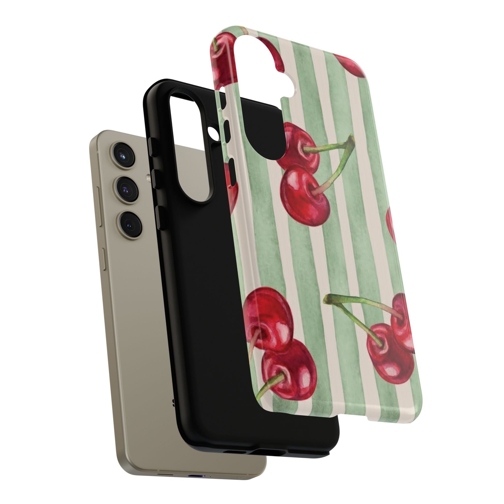 Cherry Stripe Phone Case – Retro Watercolor Cherries on Mint Stripes