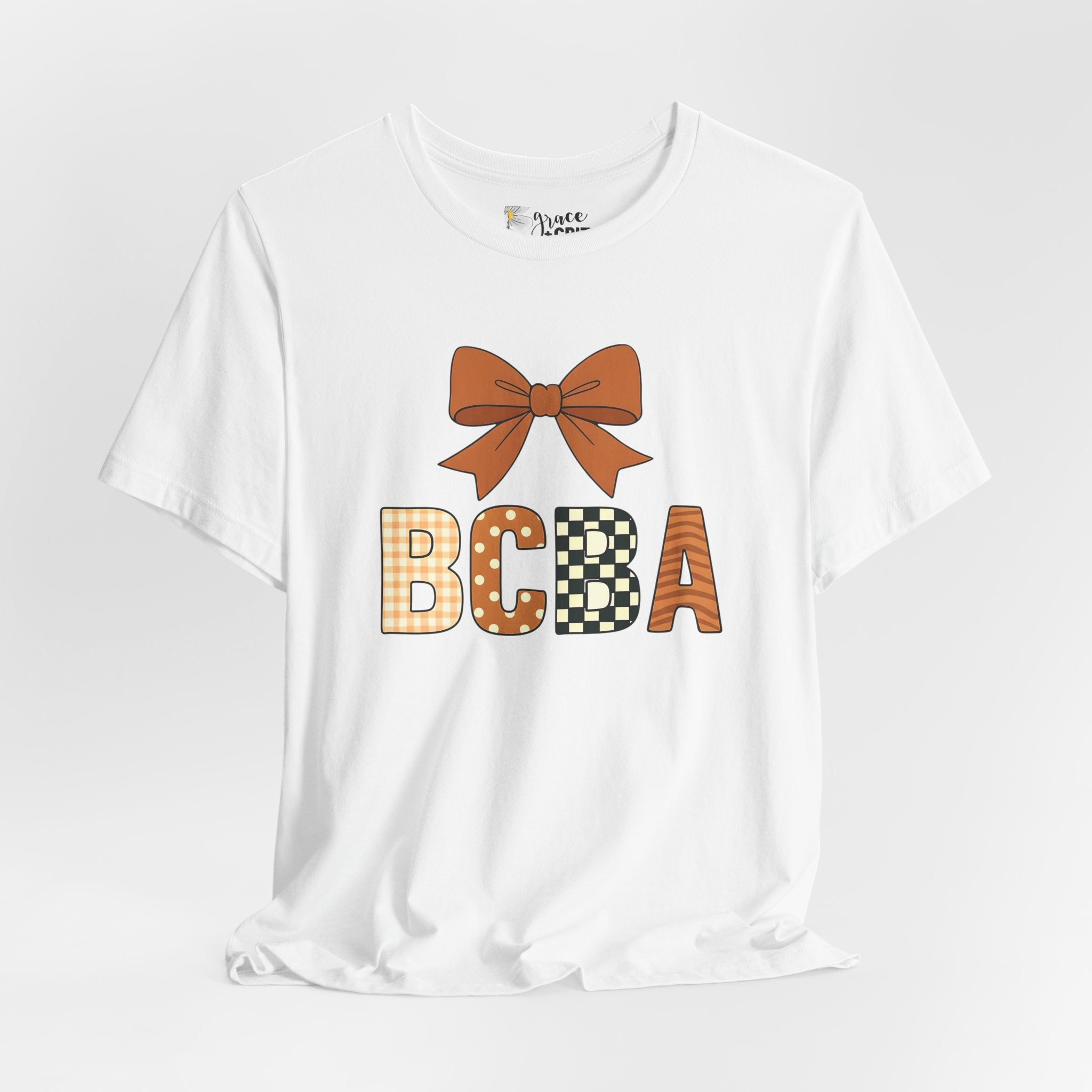 BCBA Monogram Tee | Bow Accent, Orange Plaid and Polka Dot Letters