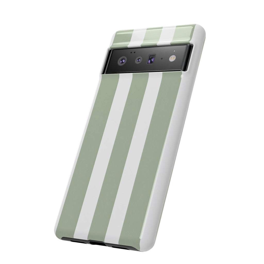 Striped Sage Tough Phone Case — Durable Green & White Vertical Stripe Phone Cover