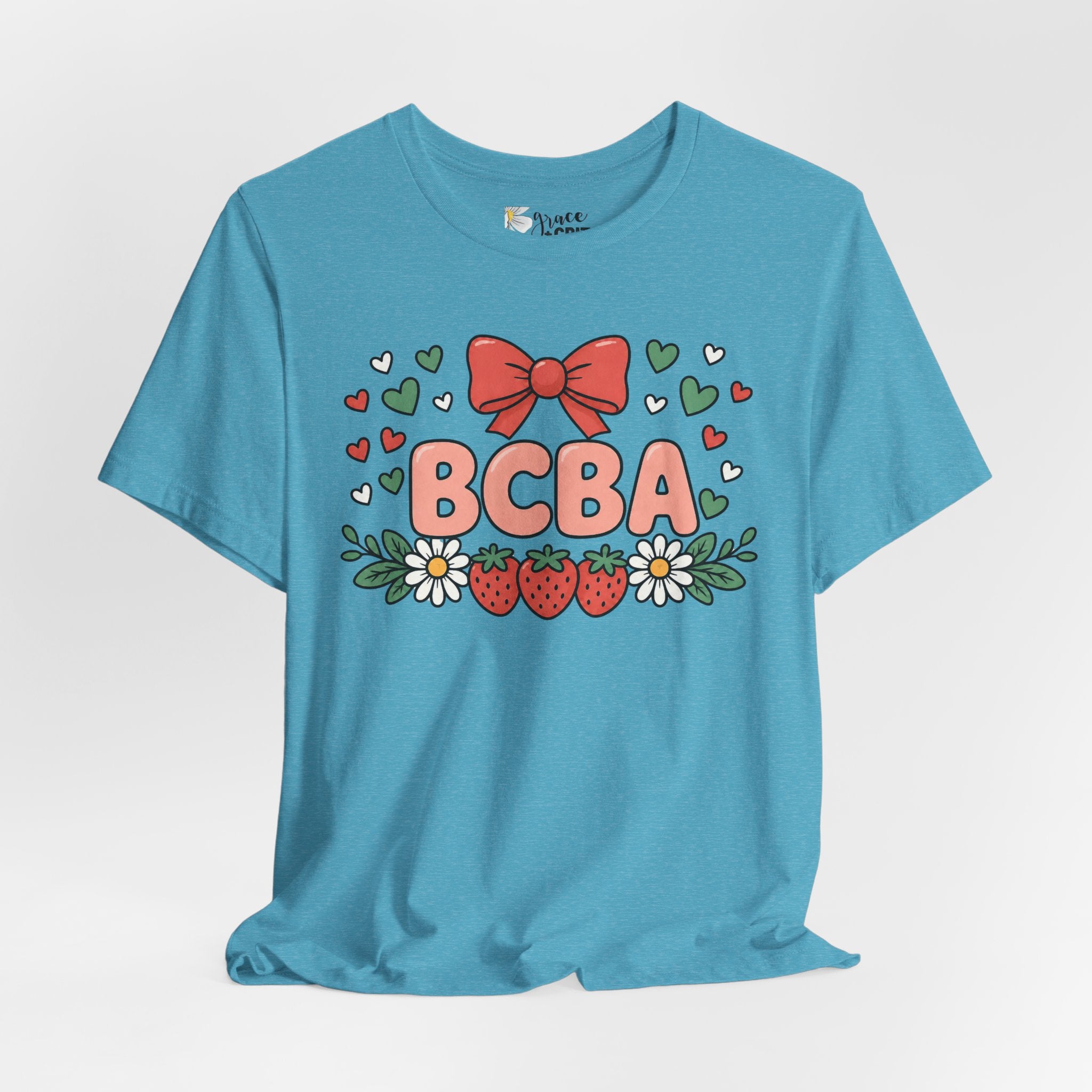 BCBA Strawberry Bow T-Shirt — Cute Floral ABA Therapist Gift