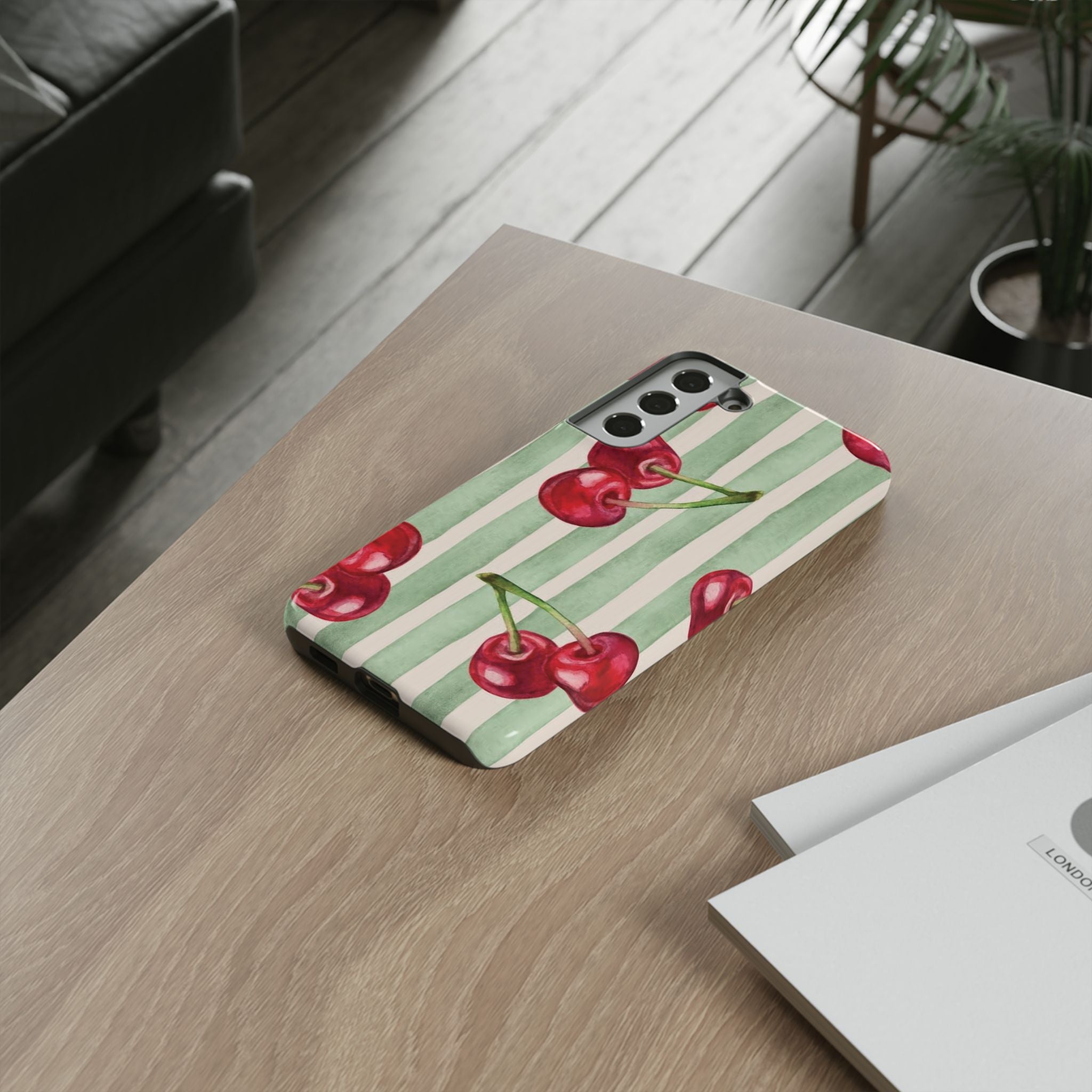 Cherry Stripe Phone Case – Retro Watercolor Cherries on Mint Stripes