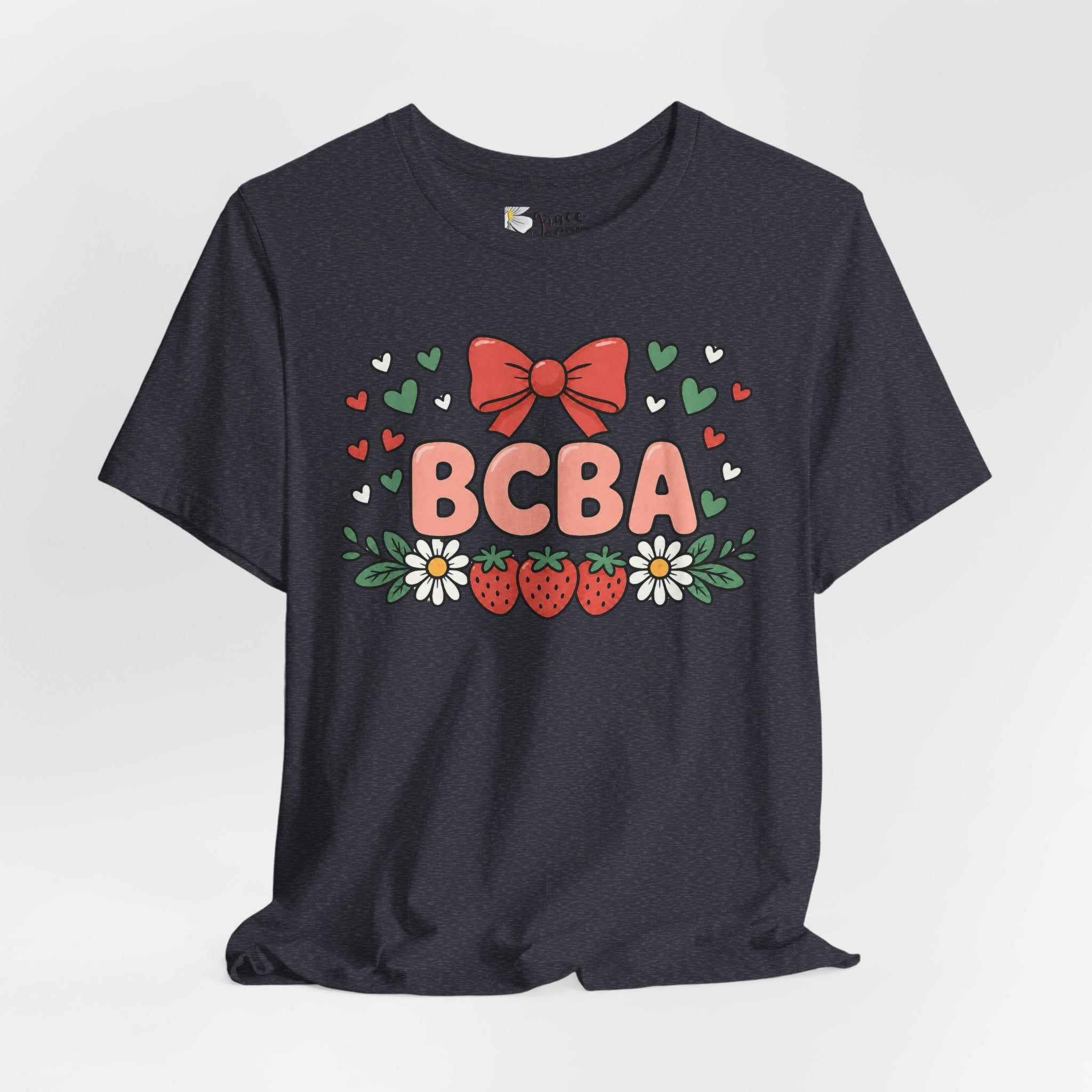 BCBA Strawberry Bow T-Shirt — Cute Floral ABA Therapist Gift