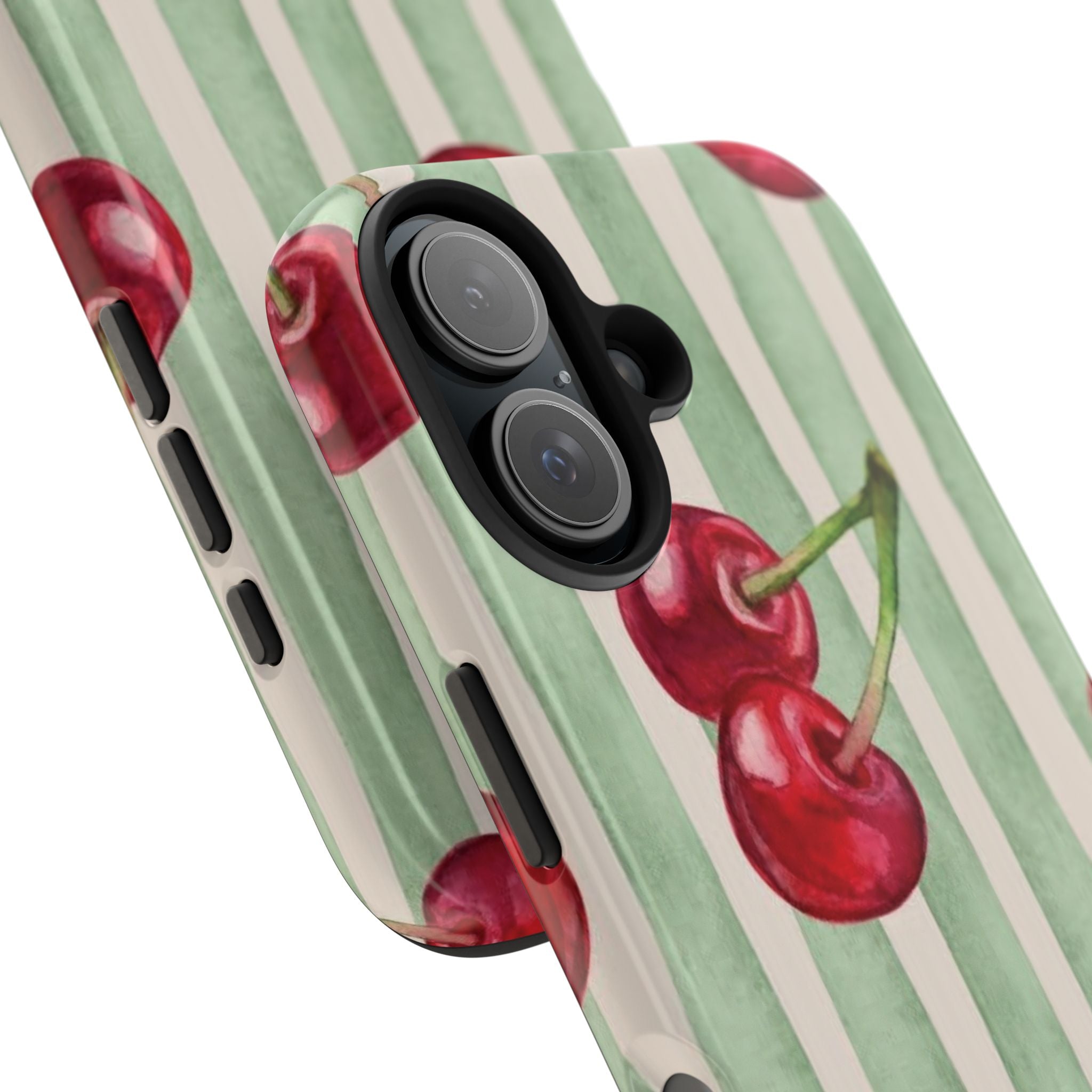 Cherry Stripe Tough Phone Case — Retro Watercolor Cherry Pattern Durable Phone Case