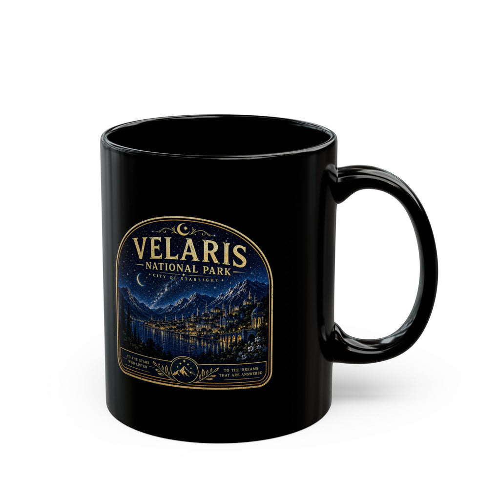 Velaris National Park Mug — Black Coffee Cup with Night Sky Cityscape