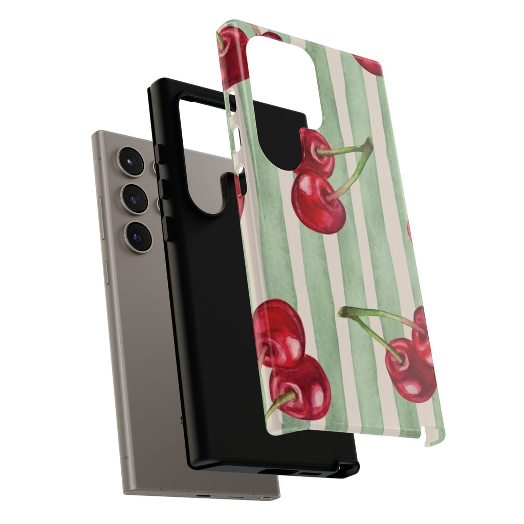 Cherry Stripe Phone Case – Retro Watercolor Cherries on Mint Stripes