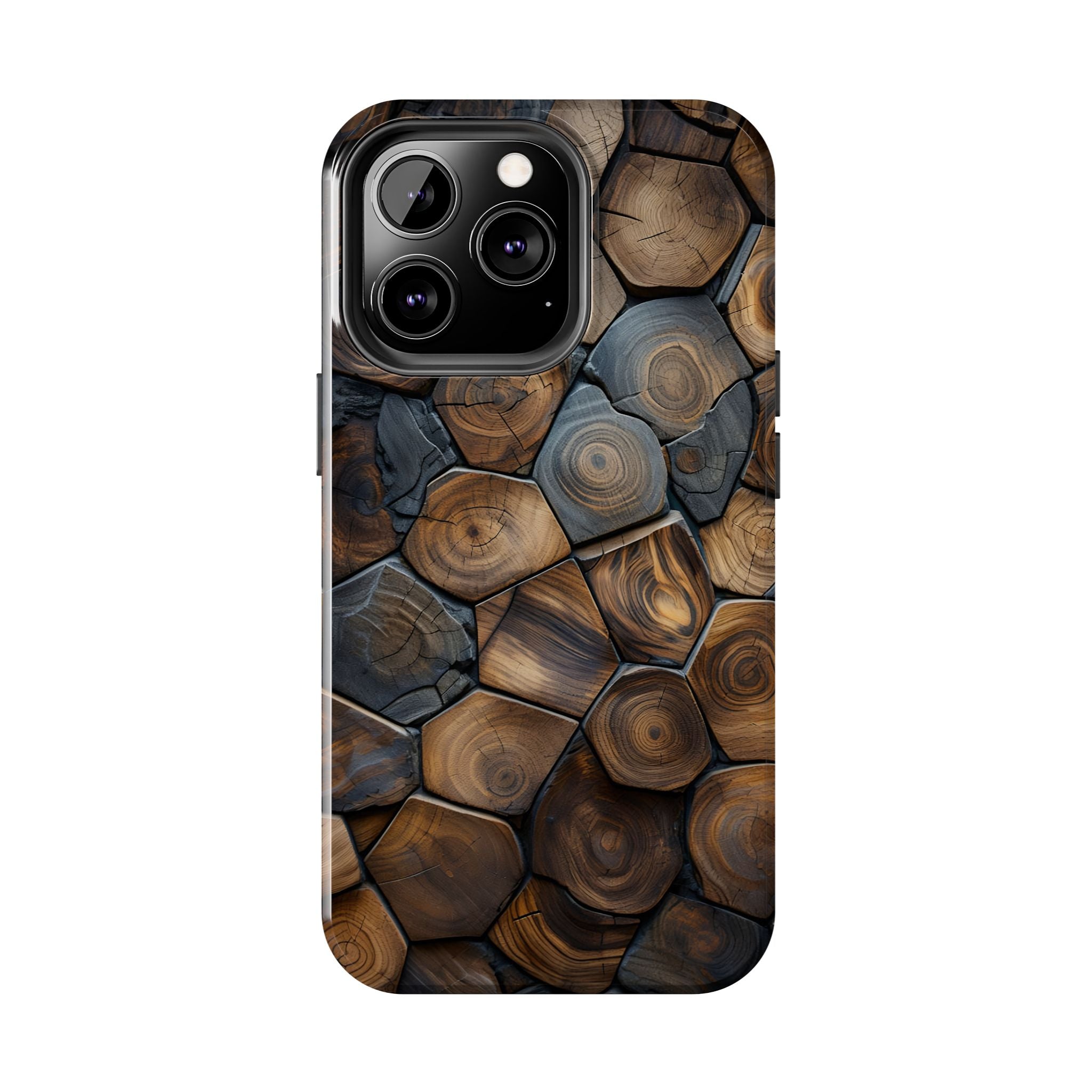 Woodgrain Hex Pattern Tough Phone Case — Rustic Log Cross-Section Design