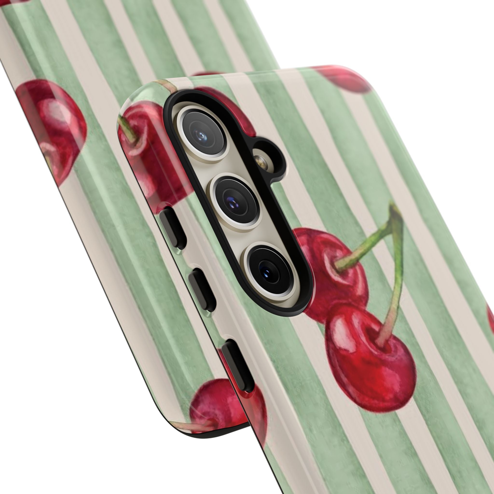 Cherry Stripe Phone Case – Retro Watercolor Cherries on Mint Stripes