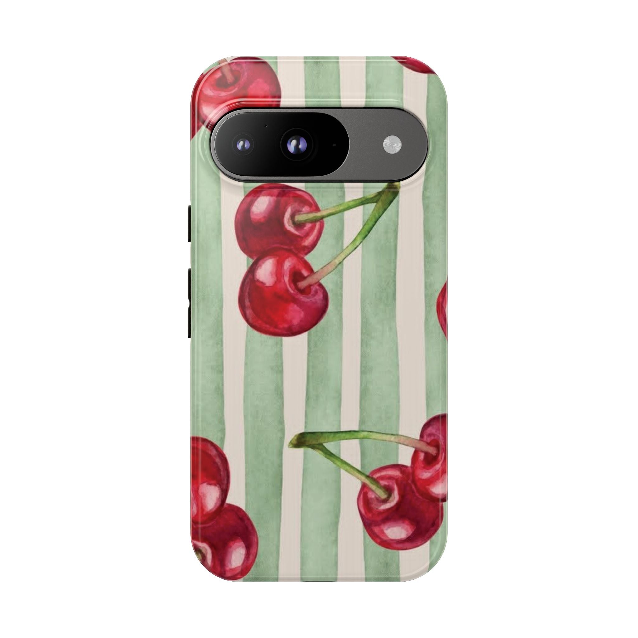 Cherry Stripe Phone Case – Retro Watercolor Cherries on Mint Stripes