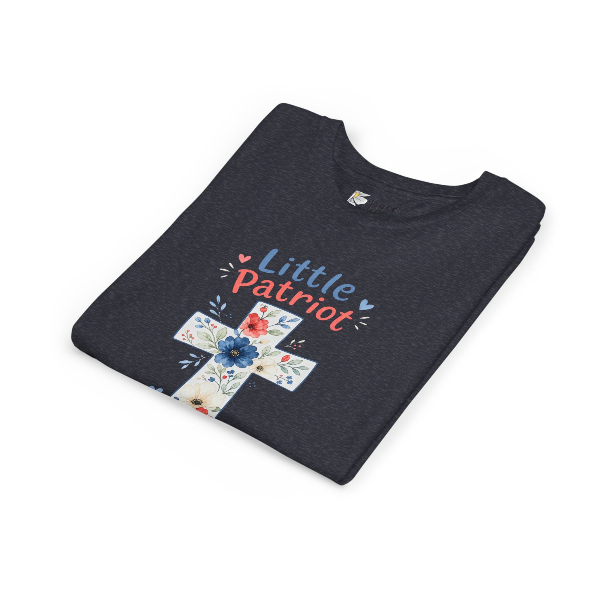 Little Patriot Big Grace Youth Tee — Floral Cross Christian Kids Shirt