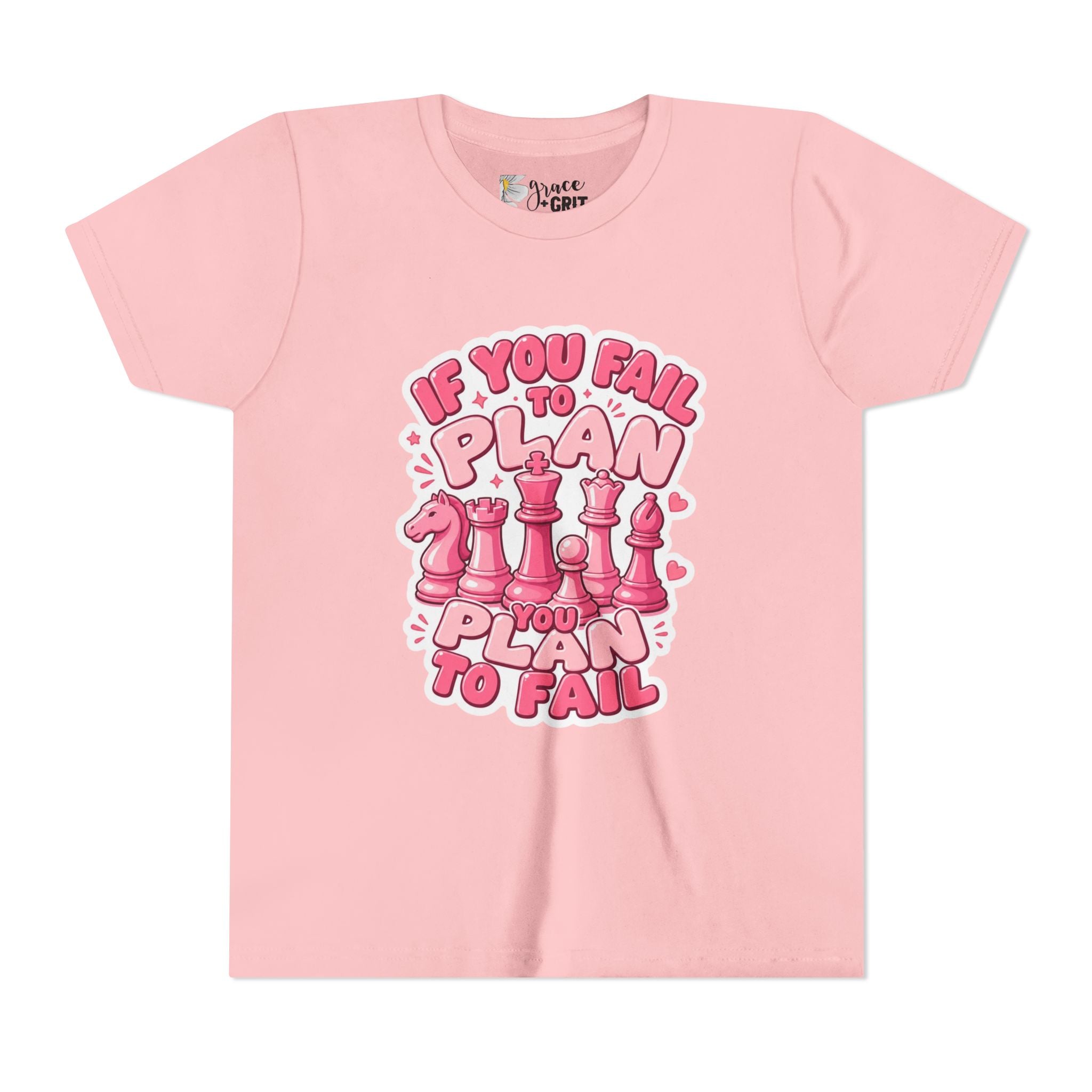 Youth Chess T‑Shirt — "If You Fail to Plan You Plan to Fail" Pink Chess Pieces Tee
