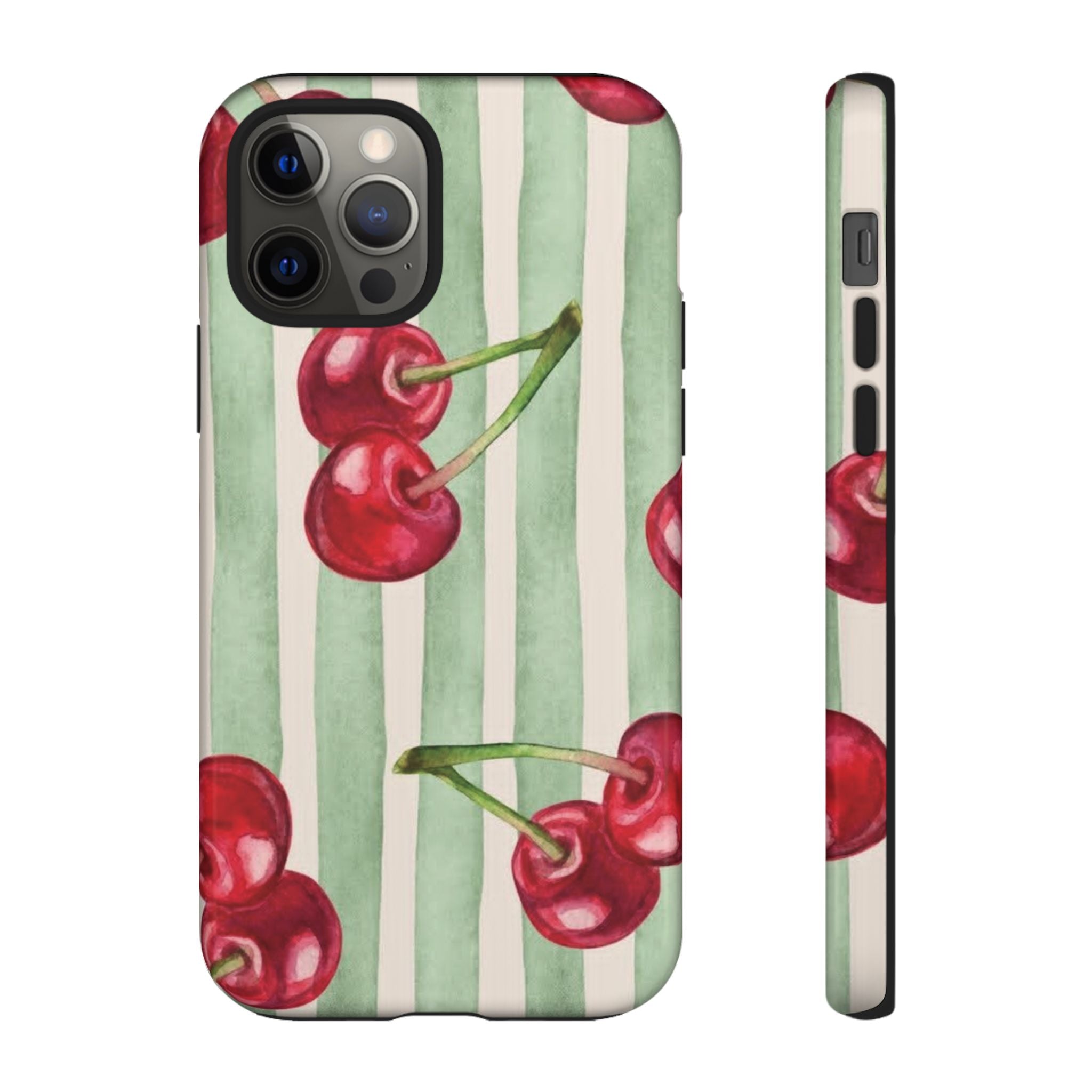 Cherry Stripe Phone Case – Retro Watercolor Cherries on Mint Stripes