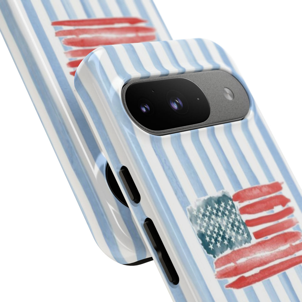 American Flag Watercolor Phone Case - Blue Stripe Tough Case