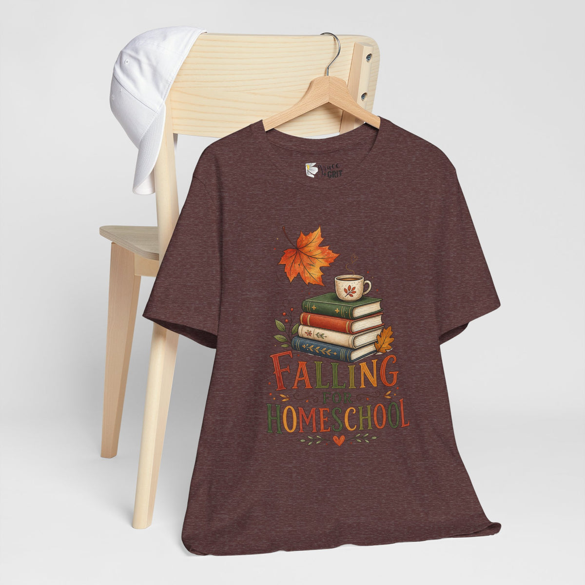 Fall Homeschool T‑Shirt – “Falling into Homeschool” Autumn Books & Coffee Tee