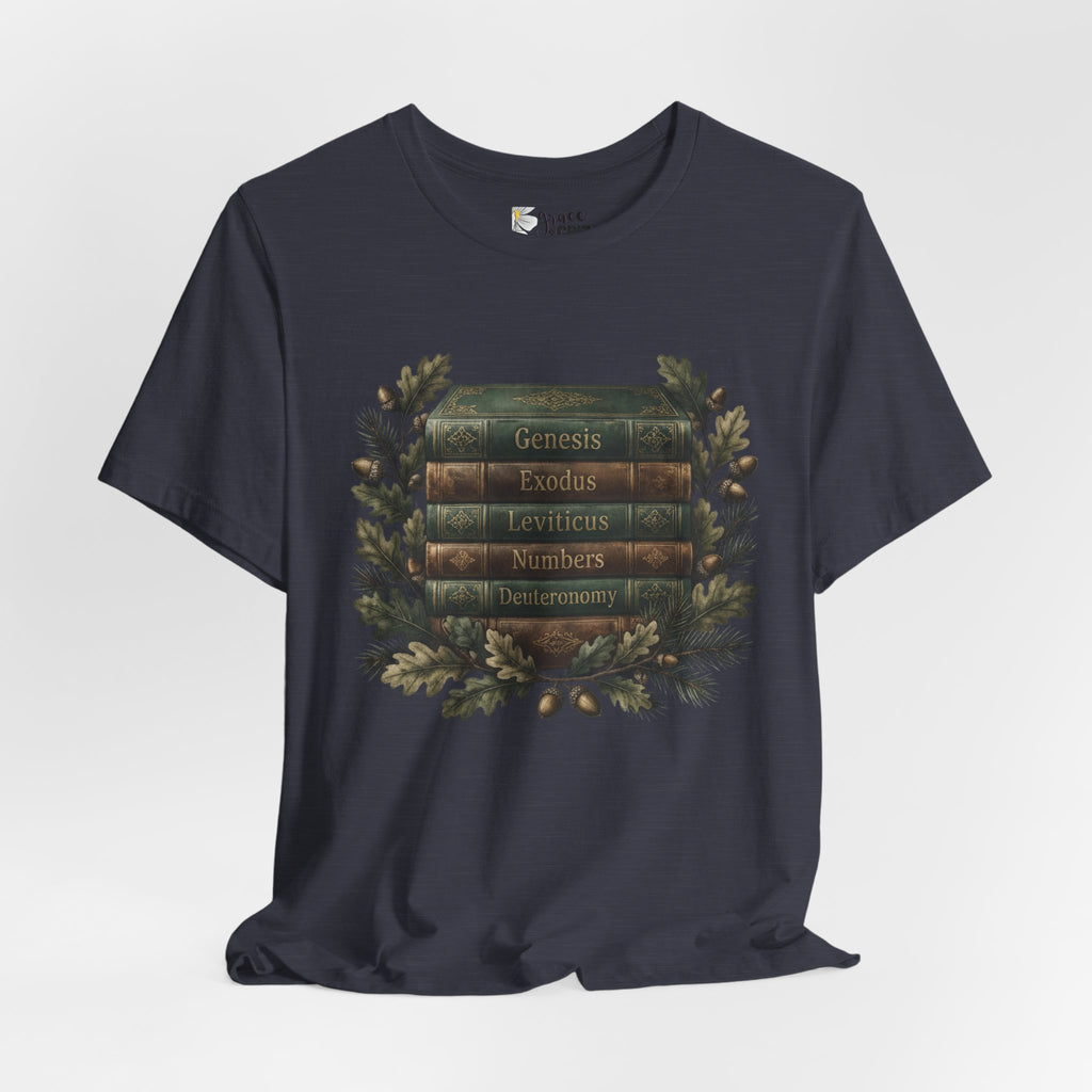 Bible Verse Stack T-Shirt — Genesis Exodus Leviticus Numbers Deuteronomy Floral Graphic