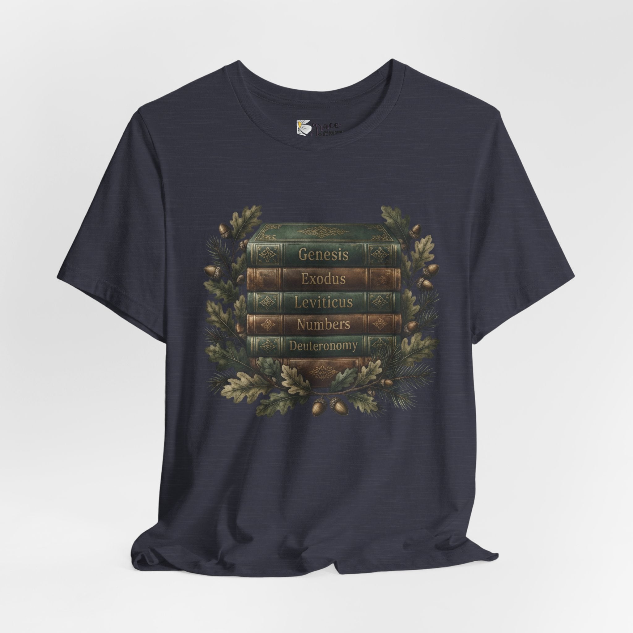 Bible Verse Stack T-Shirt — Genesis Exodus Leviticus Numbers Deuteronomy Floral Graphic