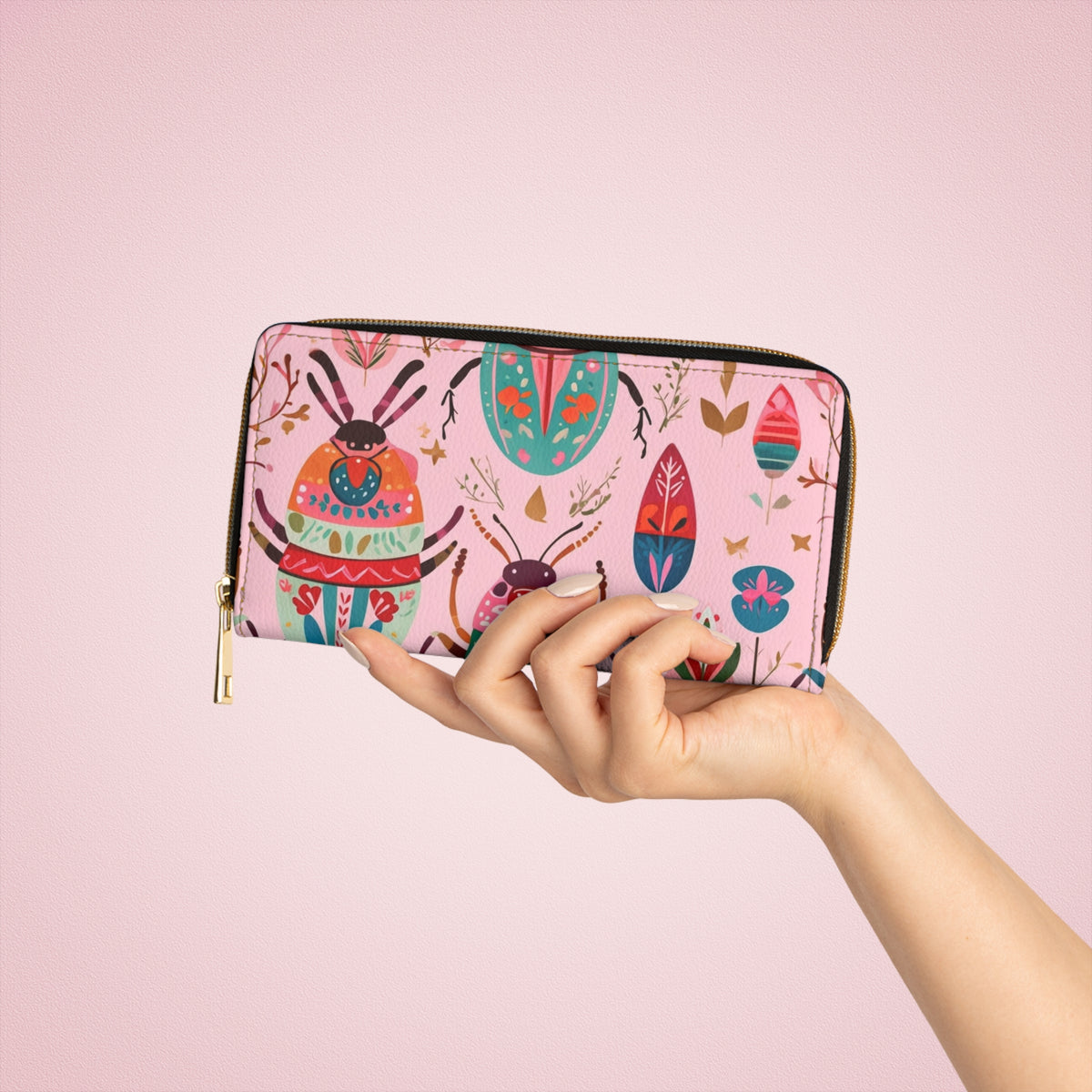Colorful Beetle & Botanical Pattern Zipper Wallet