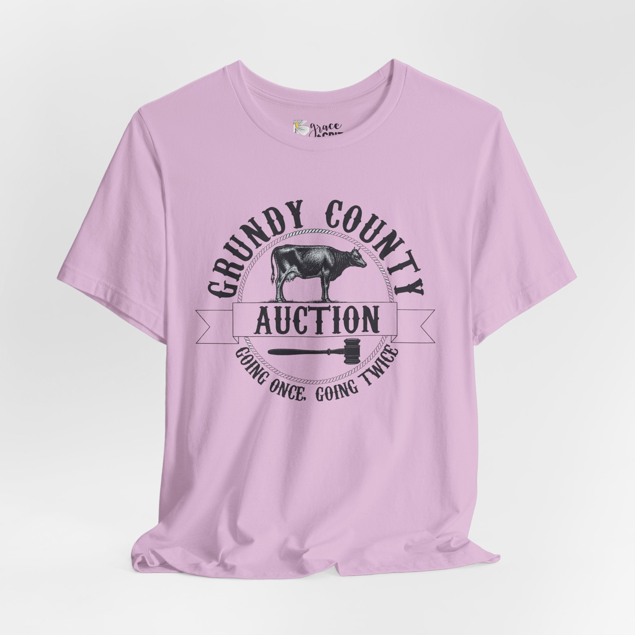 Grundy County Auction Tee — 'Going Once, Going Twice' Farm Livestock Graphic T‑Shirt