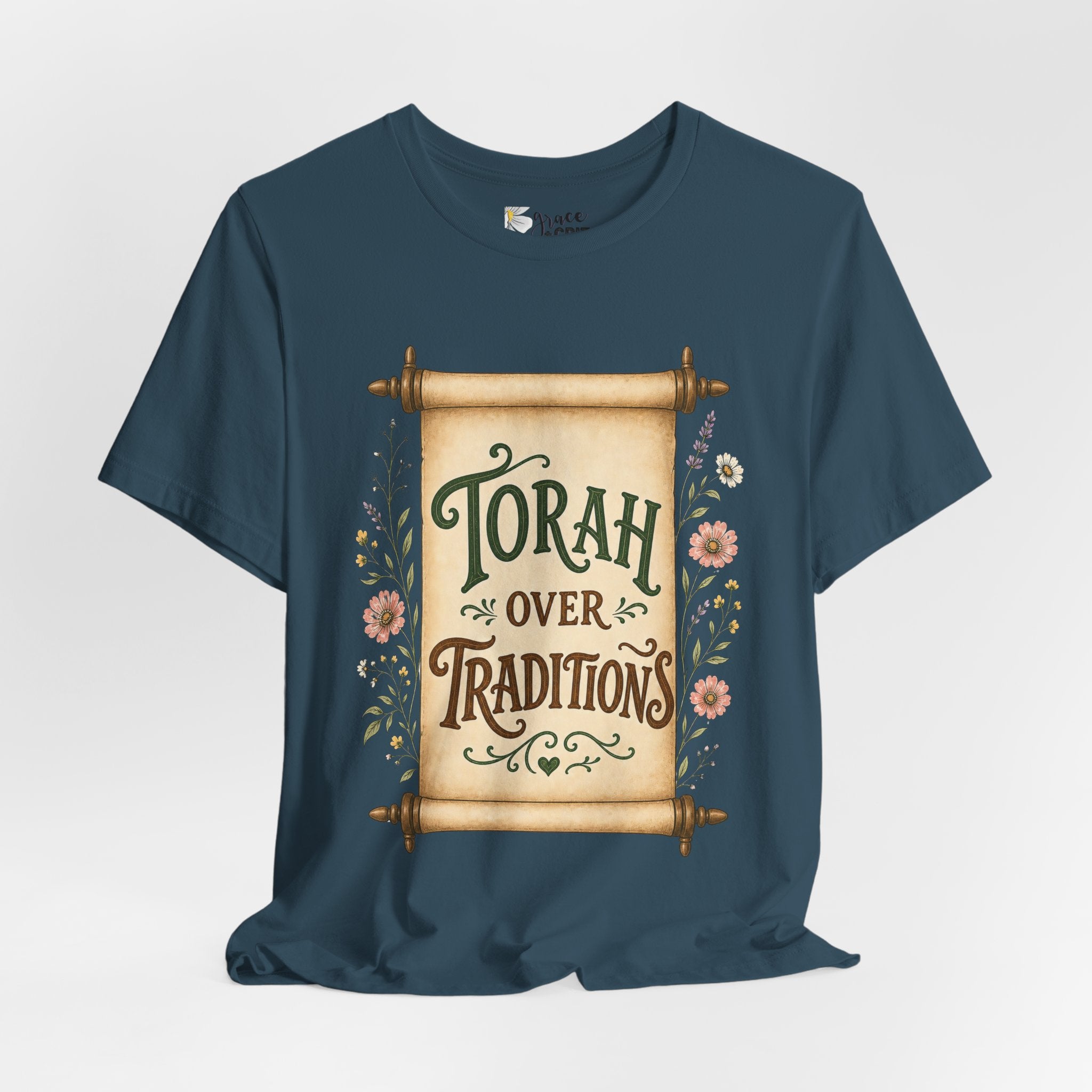 Torah Over Traditions T-Shirt — Vintage Scroll Floral Jewish Pride Tee