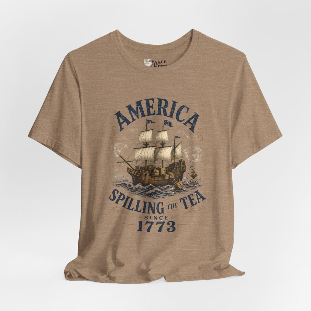 America Spilling the Tea 1773 T‑Shirt — Boston Tea Party Vintage Ship Tee