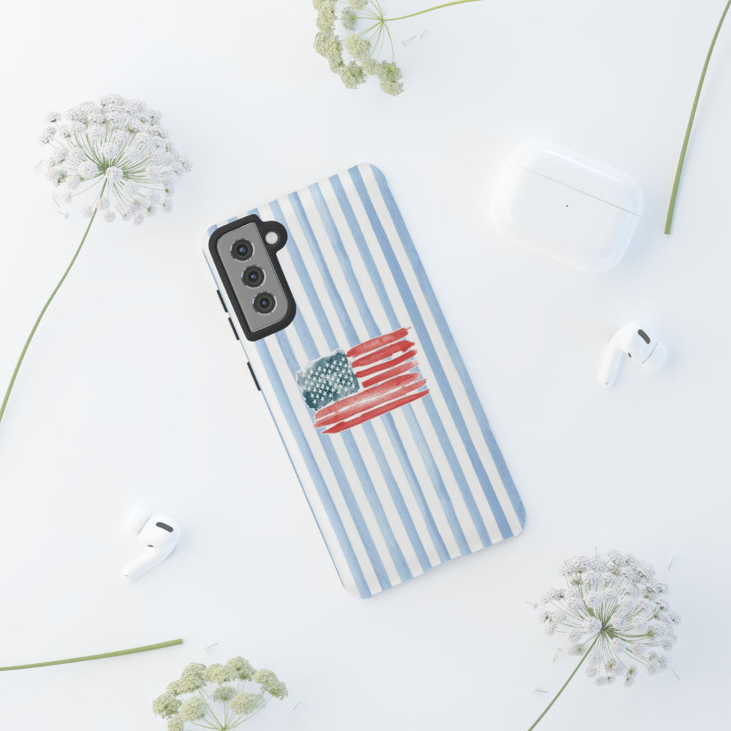 American Flag Watercolor Phone Case - Blue Stripe Tough Case