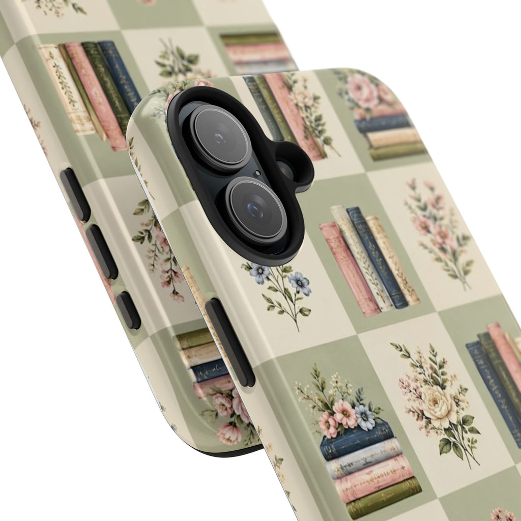 Floral Bookshelf Tough Phone Case — Vintage Floral & Stacked Books Pattern