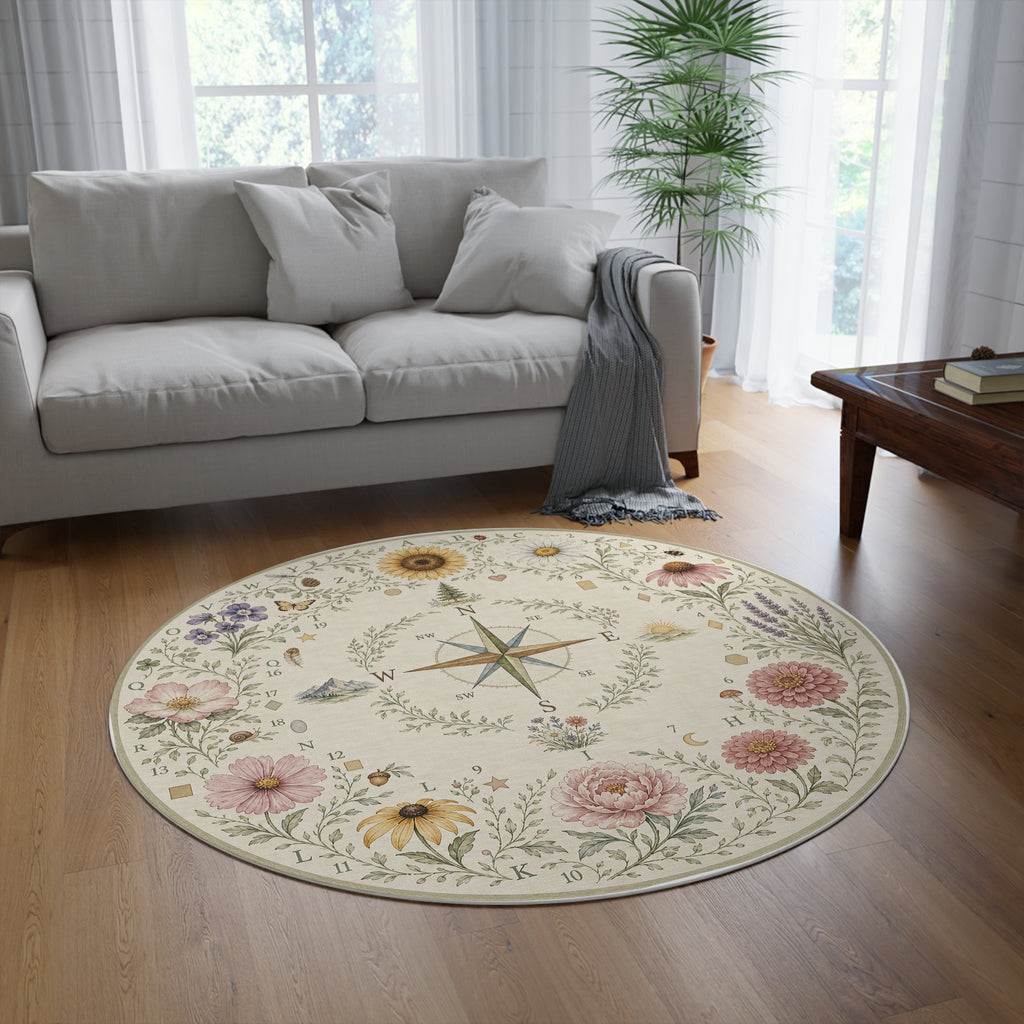 Botanical Compass Circle Time Rug — Vintage Floral Nautical Classroom Mat