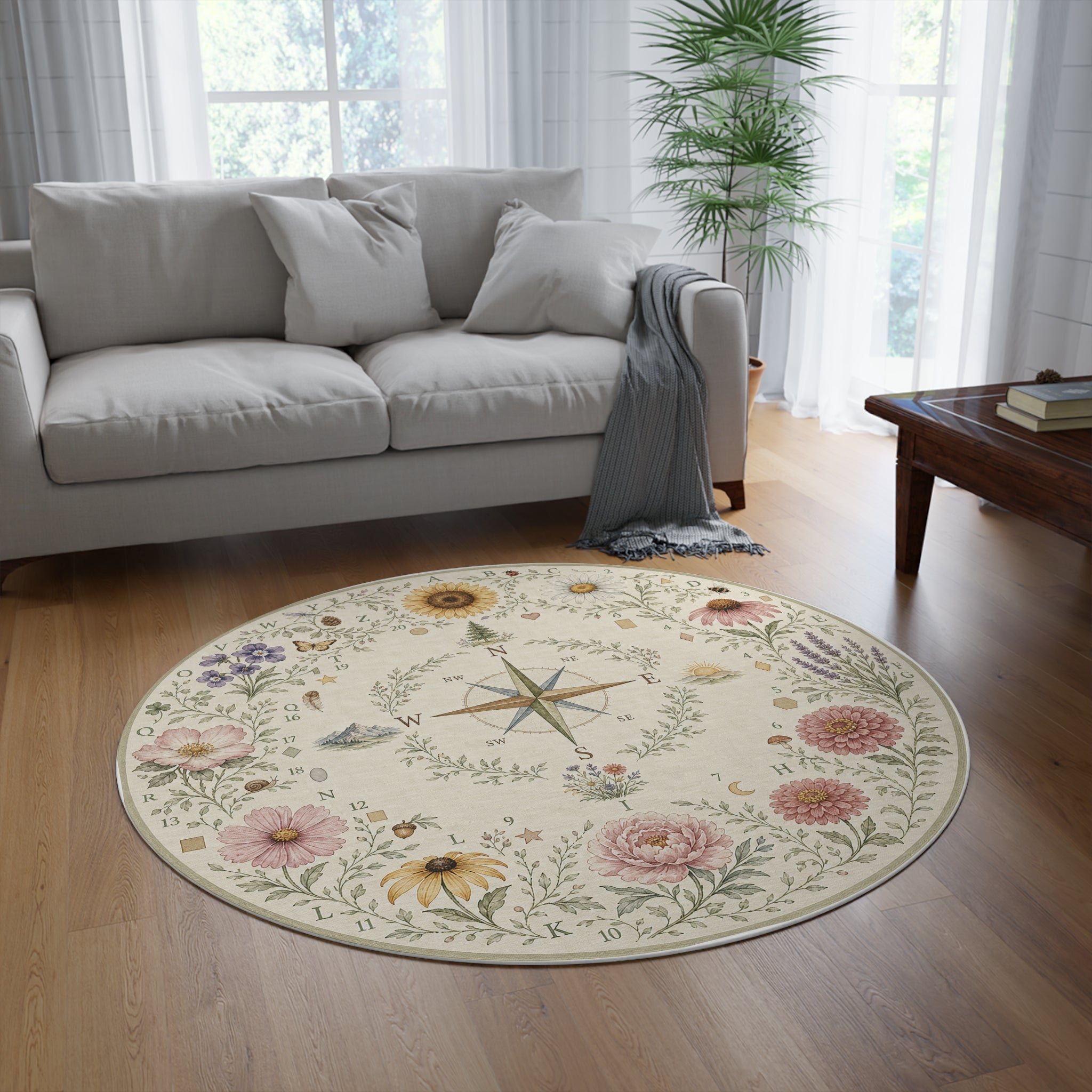Botanical Compass Circle Time Rug — Vintage Floral Nautical Classroom Mat