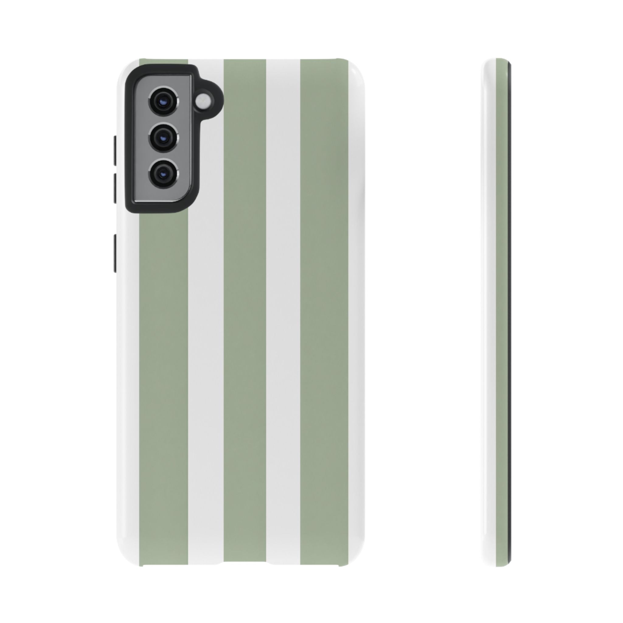 Striped Sage Tough Phone Case — Durable Green & White Vertical Stripe Phone Cover