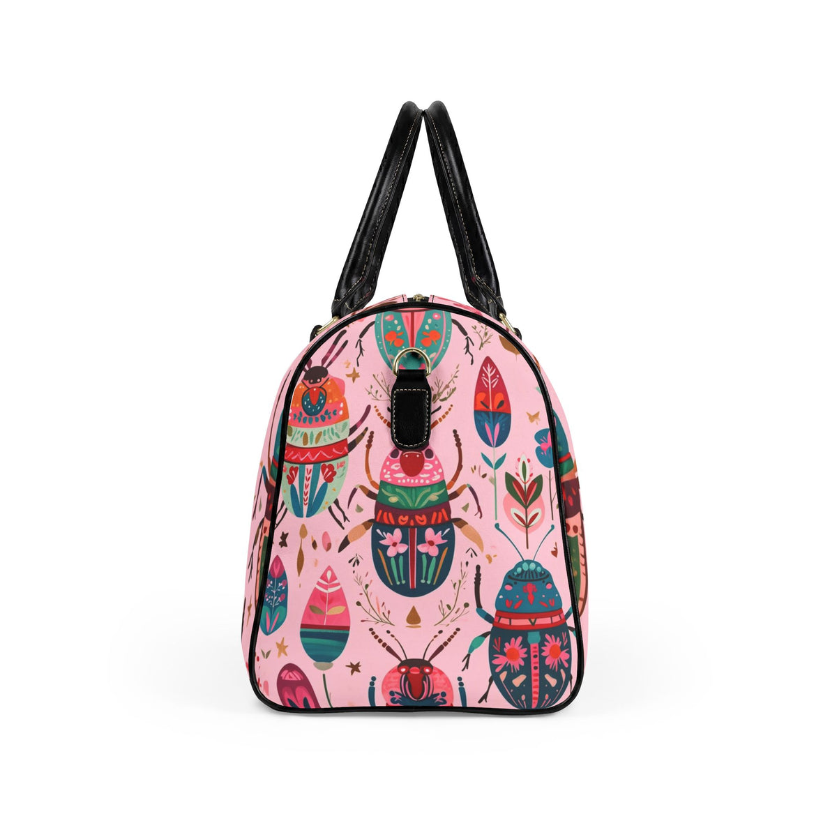 Faux Leather Travel Bag – Colorful Beetle & Botanical Print Weekender