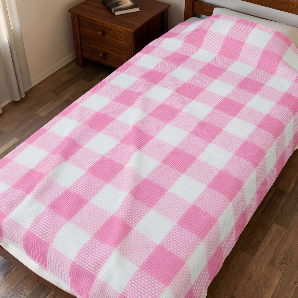 Pink Gingham Velveteen Plush Blanket — Soft Cozy Throw for Nursery, Baby Shower & Home
