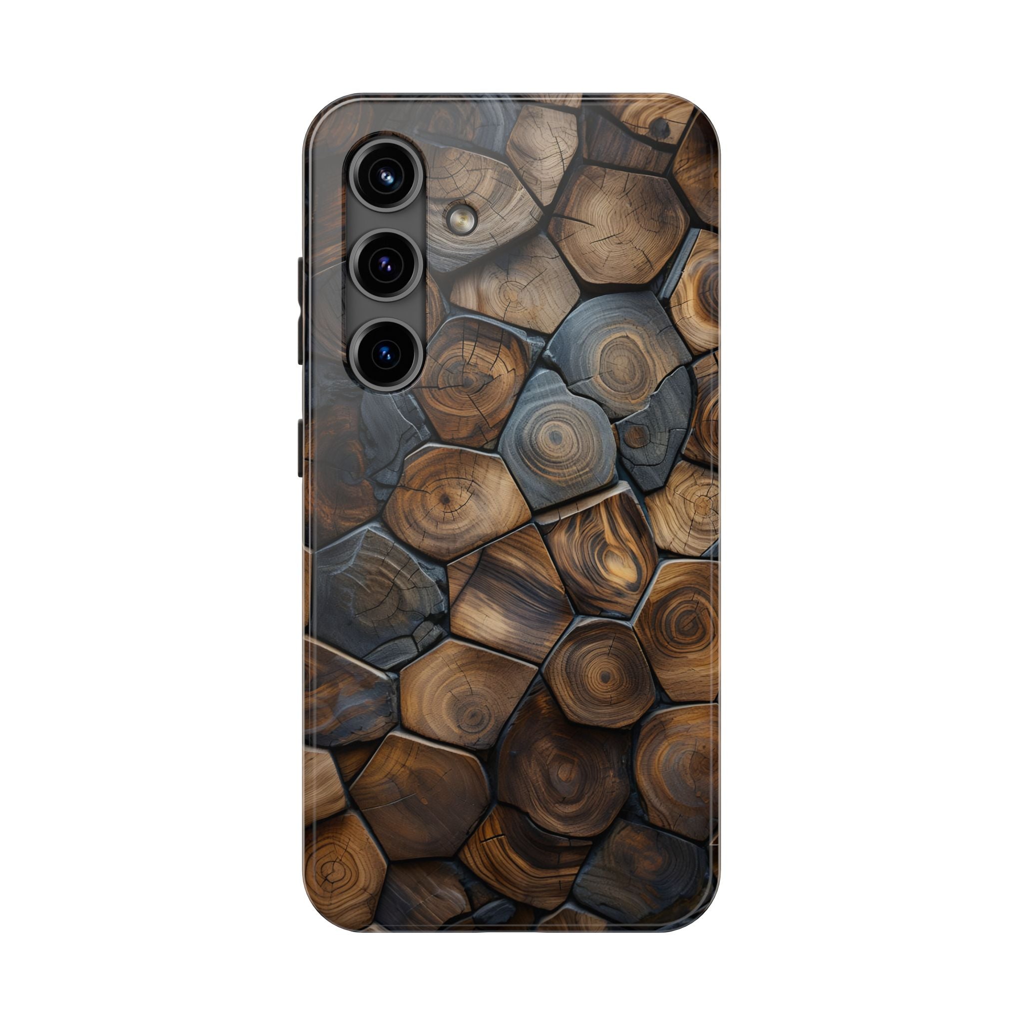 Woodgrain Hex Pattern Tough Phone Case — Rustic Log Cross-Section Design