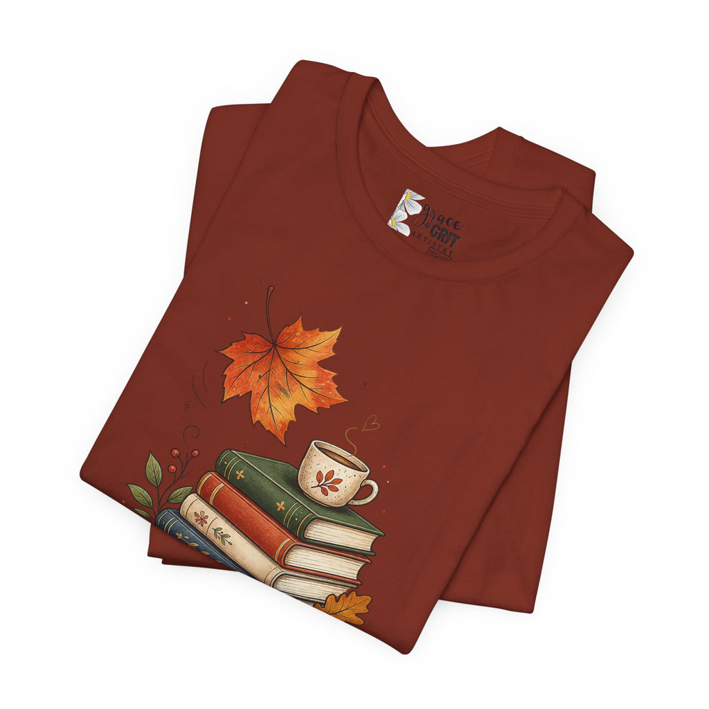 Fall Homeschool T‑Shirt – “Falling into Homeschool” Autumn Books & Coffee Tee
