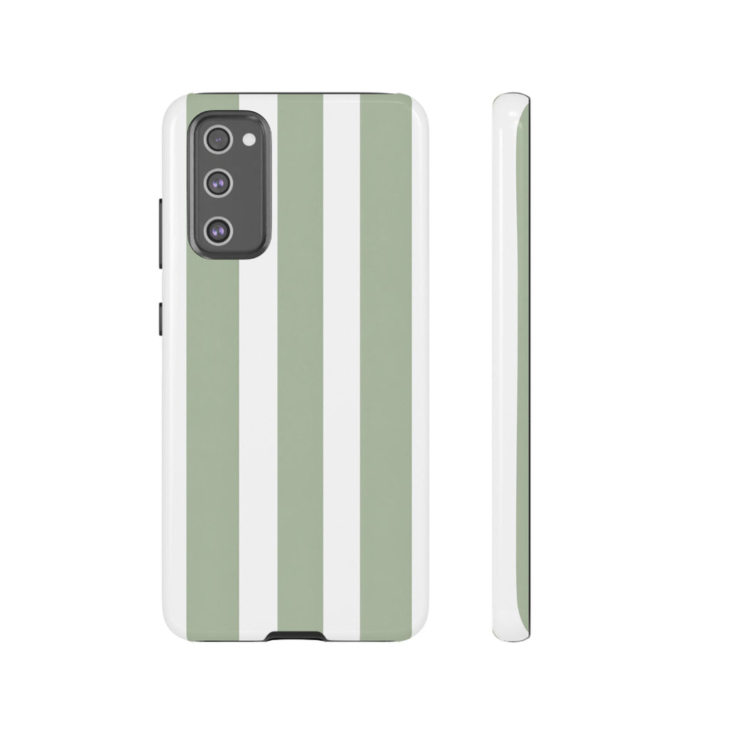 Striped Sage Tough Phone Case — Durable Green & White Vertical Stripe Phone Cover